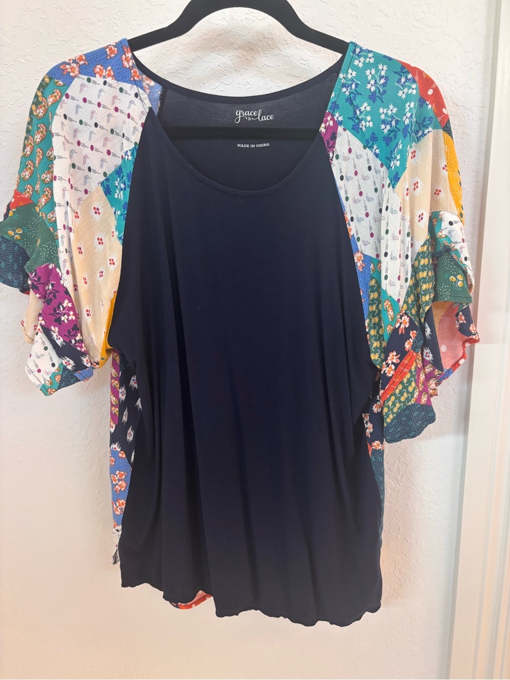 Grace & Lace Navy Swing Top with Colorful Patchwork Short Sleeves